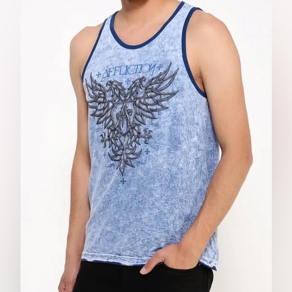 Affliction Mens Small Blue Reversible Gothic Graphic Tank Top - Picture 1 of 8